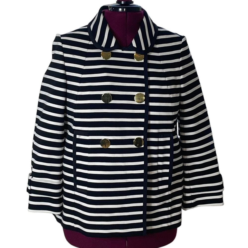 Women's Size 12 Kate Spade Broome Street Black/Cream Stripe Peacoat Jacket - Picture 2 of 12